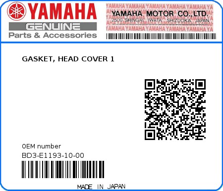 Product image: Yamaha - BD3-E1193-10-00 - GASKET, HEAD COVER 1  0