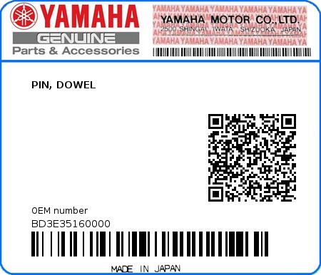 Product image: Yamaha - BD3E35160000 - PIN, DOWEL  0