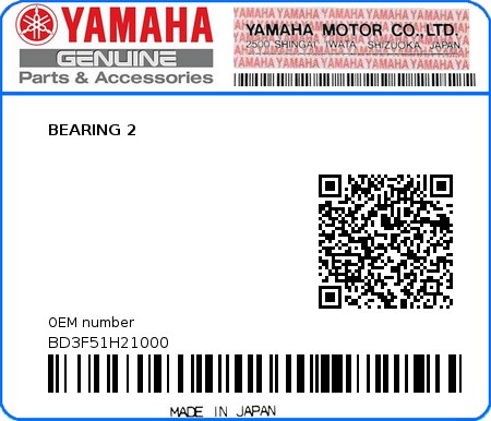 Product image: Yamaha - BD3F51H21000 - BEARING 2  0