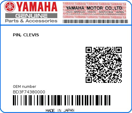 Product image: Yamaha - BD3F74380000 - PIN, CLEVIS  0