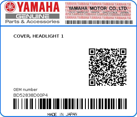 Product image: Yamaha - BD52838D00P4 - COVER, HEADLIGHT 1 