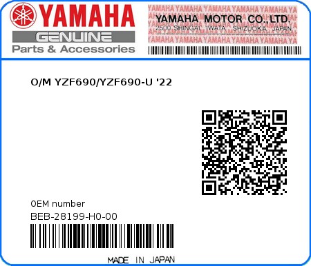 Product image: Yamaha - BEB-28199-H0-00 - O/M YZF690/YZF690-U '22 