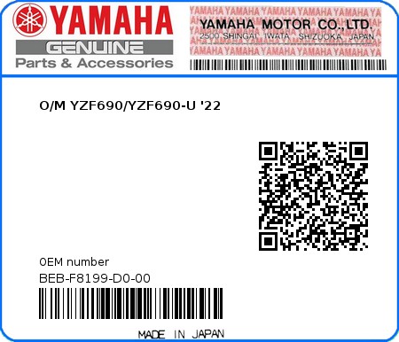 Product image: Yamaha - BEB-F8199-D0-00 - O/M YZF690/YZF690-U '22 