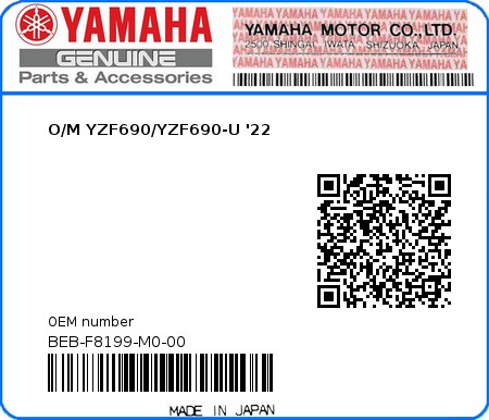 Product image: Yamaha - BEB-F8199-M0-00 - O/M YZF690/YZF690-U '22 