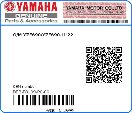 Product image: Yamaha - BEB-F8199-P0-00 - O/M YZF690/YZF690-U '22 