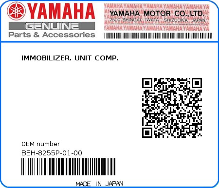 Product image: Yamaha - BEH-8255P-01-00 - IMMOBILIZER. UNIT COMP. 