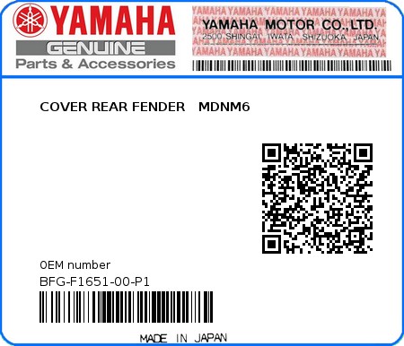 Product image: Yamaha - BFG-F1651-00-P1 - COVER REAR FENDER   MDNM6 