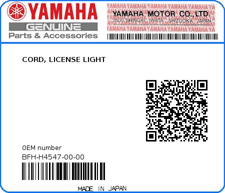 Product image: Yamaha - BFH-H4547-00-00 - CORD, LICENSE LIGHT 