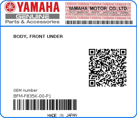 Product image: Yamaha - BFM-F835K-00-P1 - BODY, FRONT UNDER 