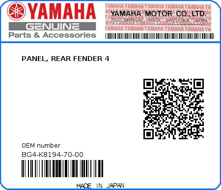 Product image: Yamaha - BG4-K8194-70-00 - PANEL, REAR FENDER 4 