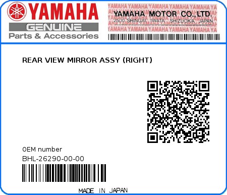 Product image: Yamaha - BHL-26290-00-00 - REAR VIEW MIRROR ASSY (RIGHT) 