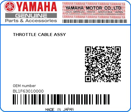 Product image: Yamaha - BL1F63010000 - THROTTLE CABLE ASSY  0