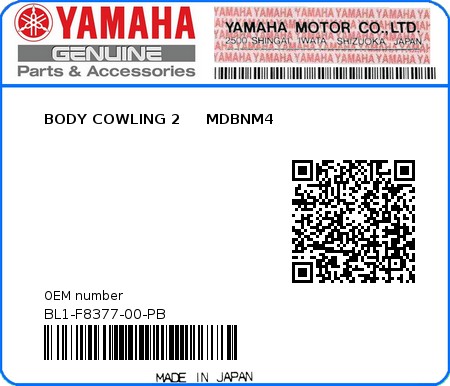 Product image: Yamaha - BL1-F8377-00-PB - BODY COWLING 2     MDBNM4 