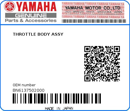 Product image: Yamaha - BN6137502000 - THROTTLE BODY ASSY  0