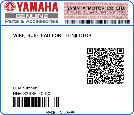 Product image: Yamaha - BN6-82386-70-00 - WIRE, SUB-LEAD FOR TH INJECTOR 