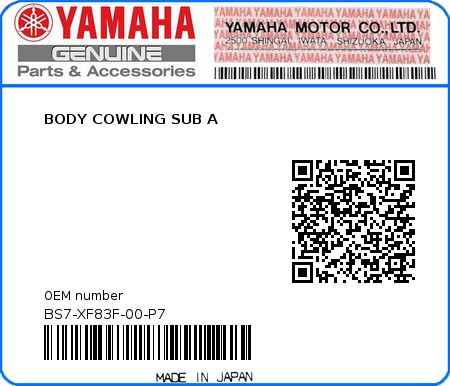 Product image: Yamaha - BS7-XF83F-00-P7 - BODY COWLING SUB A 