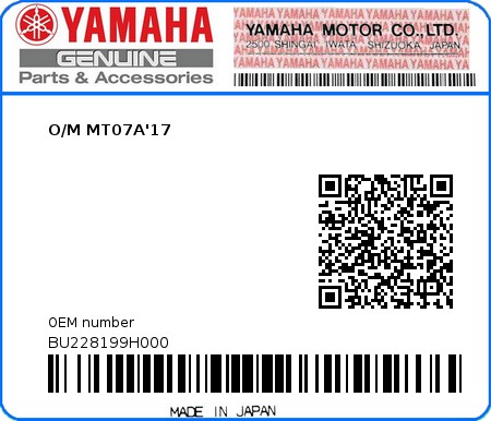 Product image: Yamaha - BU228199H000 - O/M MT07A'17  0