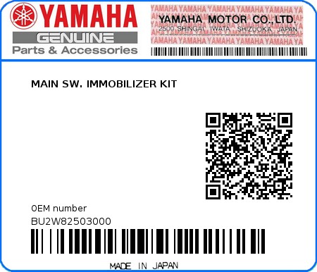 Product image: Yamaha - BU2W82503000 - MAIN SW. IMMOBILIZER KIT 