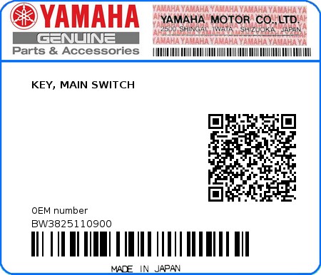 Product image: Yamaha - BW3825110900 - KEY, MAIN SWITCH 