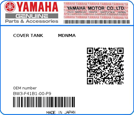 Product image: Yamaha - BW3-F41B1-00-P9 - COVER TANK          MDNMA 