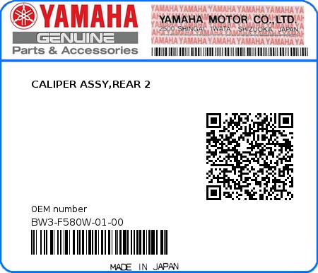 Product image: Yamaha - BW3-F580W-01-00 - CALIPER ASSY,REAR 2 