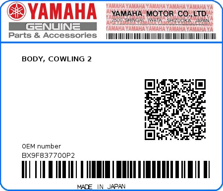 Product image: Yamaha - BX9F837700P2 - BODY, COWLING 2 