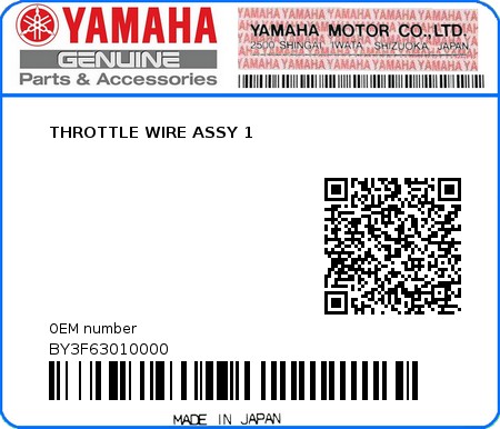 Product image: Yamaha - BY3F63010000 - THROTTLE WIRE ASSY 1 