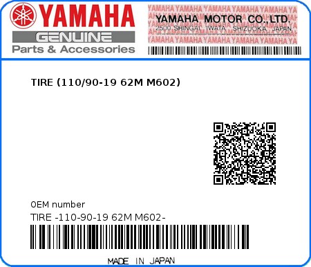 Product image: Yamaha - TIRE -110-90-19 62M M602- - TIRE (110/90-19 62M M602) 