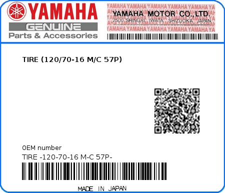 Product image: Yamaha - TIRE -120-70-16 M-C 57P- - TIRE (120/70-16 M/C 57P) 