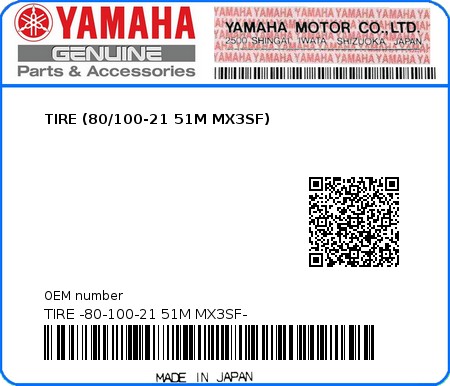 Product image: Yamaha - TIRE -80-100-21 51M MX3SF- - TIRE (80/100-21 51M MX3SF)  0