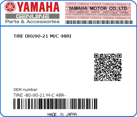 Product image: Yamaha - TIRE -80-90-21 M-C 48R- - TIRE (80/90-21 M/C 48R) 