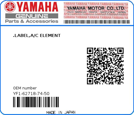 Product image: Yamaha - YF1-62718-74-50 - .LABEL,A/C ELEMENT  0