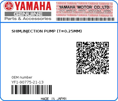 Product image: Yamaha - YF1-90775-21-13 - SHIM,INJECTION PUMP (T=0.25MM)  0