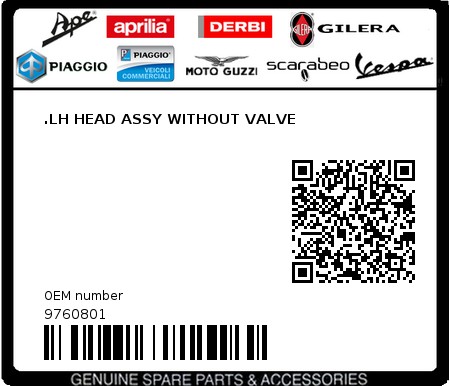 Product image: Moto Guzzi - 9760801 - .LH HEAD ASSY WITHOUT VALVE  0
