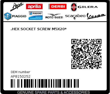 Product image: Moto Guzzi - AP8150252 - .HEX SOCKET SCREW M5X20*  0