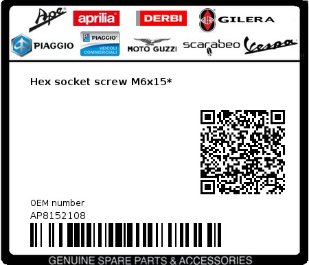 Product image: Moto Guzzi - AP8152108 - Hex socket screw M6x15*  0