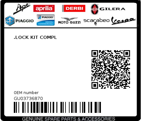 Product image: Moto Guzzi - GU03736870 - .LOCK KIT COMPL 