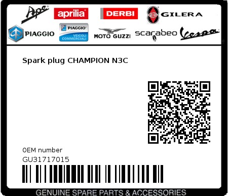 Product image: Moto Guzzi - GU31717015 - Spark plug CHAMPION N3C  0