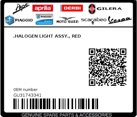 Product image: Moto Guzzi - GU31743341 - .HALOGEN LIGHT ASSY., RED  0