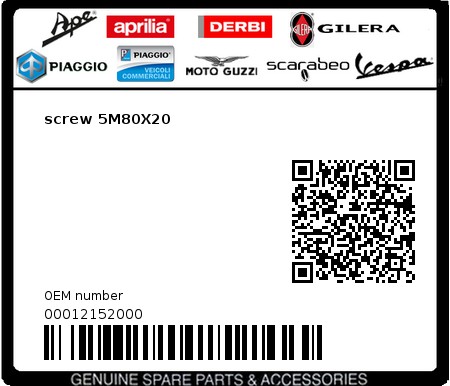 Product image: Gilera - 00012152000 - screw 5M80X20  0