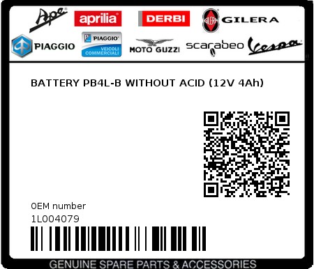 Product image: Gilera - 1L004079 - BATTERY PB4L-B WITHOUT ACID (12V 4Ah) 