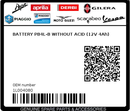 Product image: Gilera - 1L004080 - BATTERY PB4L-B WITHOUT ACID (12V 4Ah) 