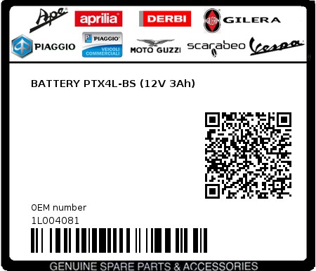 Product image: Gilera - 1L004081 - BATTERY PTX4L-BS (12V 3Ah) 