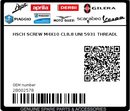 Product image: Gilera - 2B002578 - HSCH SCREW M4X10 CL8.8 UNI 5931 THREADL  0