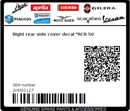 Product image: Gilera - 2H002127 - Right rear side cover decal "RCR 50  0