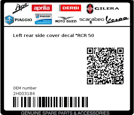 Product image: Gilera - 2H003184 - Left rear side cover decal "RCR 50  0