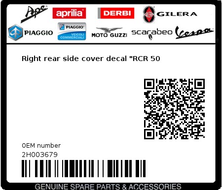 Product image: Gilera - 2H003679 - Right rear side cover decal "RCR 50  0