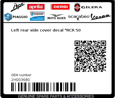Product image: Gilera - 2H003680 - Left rear side cover decal "RCR 50  0