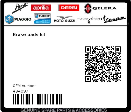 Product image: Gilera - 494097 - Brake pads kit 