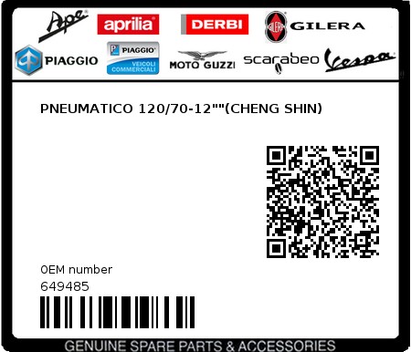 Product image: Gilera - 649485 - PNEUMATICO 120/70-12""(CHENG SHIN)  0